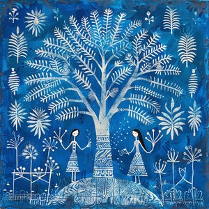 Schilderij met naïef patroon: vrouwen onder een boom in blauw door F. Abderrahim