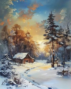 Hut midden in een bos en sneeuw, winterlandschap, muurdecoratie-ideeën door F. Abderrahim