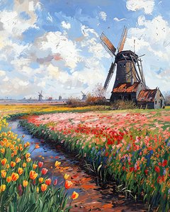Een middeleeuwse stenen windmolen in een bloemrijk moeras verbonden met het water