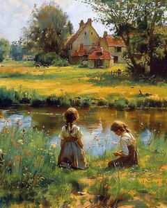 Kinderen spelen buiten het huis op het platteland, canvas prints door F. Abderrahim