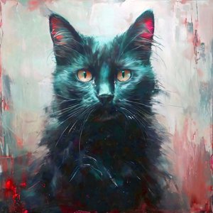Canvas print : een zwarte kat met gele ogen zittend voor muurdecoratie