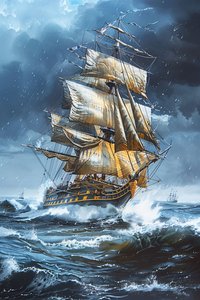 Een olieverfschilderij van een fregat met volle zeilen te midden van de golven van een woeste zee door F. Abderrahim