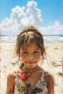 Mooi meisje met rozen aan zee, canvas print  wanddecoratie
