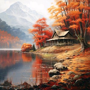 Schilderij van een hut in het bos naast een rivier, muurdecor voor slaapkamer door F. Abderrahim