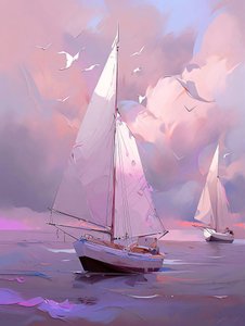 Zeilboot op een witte en blauwe achtergrond, Canvas  ingelijste wanddecoratie
