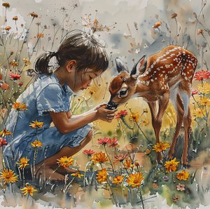 aquarel Meisje dat een babyhert voedt, gevlekt ree door F. Abderrahim