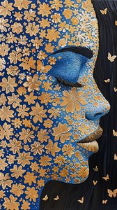 Vrouwengezicht, Goudfolie Robotic Rangoli flower power, muurdecor ideeën door F. Abderrahim