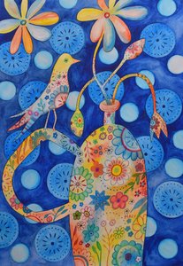 Vogel op bloemenvaas door Marys Watercolors