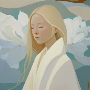 Mooie vrouw met blond haar in wit, ingelijste wanddecoratieprints