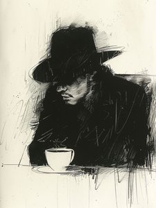 Zwarte minimalistische schets van een koffiedrinkende man, wanddecor | print on demand door F. Abderrahim