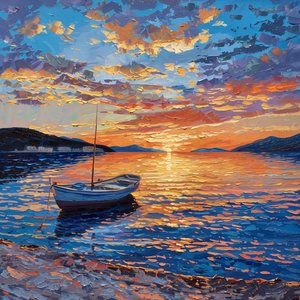 Boot op rivier bij zonsondergang Mooi, Dalmatië, Kroatië Olieverf op Canvas, Muurdecoratie te koop