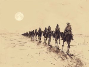 Woestijnzon Processie Minimalistische Schets, wanddecoratie te koop door F. Abderrahim