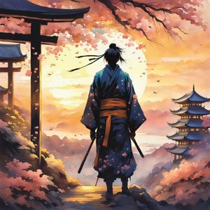 Japanse Samoerai, in een tempel op een berg, roze kleuren, aangepaste canvasprints