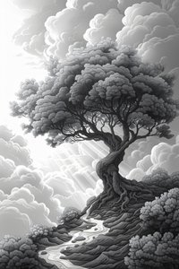 Majestueuze rotsformatie, natuurlijk portaal, dramatische storm en boom, ingelijst wanddecor, door F. Abderrahim