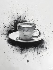 Minimalistische Noir-scène met enkele lijn en koffievlek, online kunstdrukken door F. Abderrahim