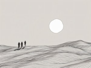 Minimalistische schets, Mannen die in een woestijnzon processie lopen, online kunstdrukken door F. Abderrahim