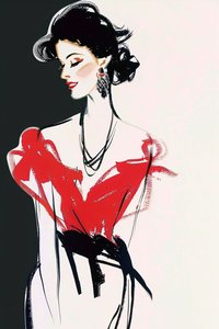 Paris Fashion, rode en zwarte jurk, René Gruau-stijl, Franse dame die make-up poseert