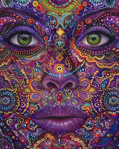 Psychedelische Vrouw met Kleurrijk Gezicht Spiritueel  Mandala Patronen, canvas art prints door F. Abderrahim