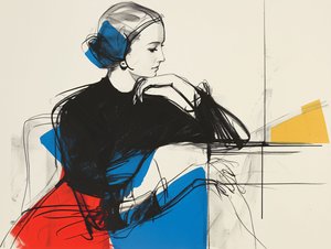 Zittende vrouw schets Tekening  Schilderij, canvas  muur frame print on demand