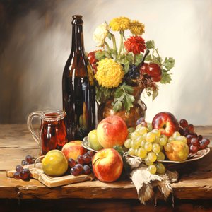 Stilleven schilderij, bloemen, fruit  wijn, wanddecoratieprints door F. Abderrahim