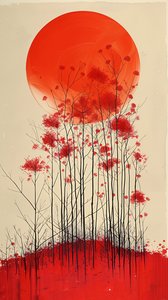 Zonsondergang op een heuvel van rode bloemen schilderij, verticale muur Decor te koop door F. Abderrahim