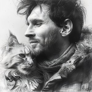 Kat met voetballer Messi, Modern wanddecor | print on demand door F. Abderrahim