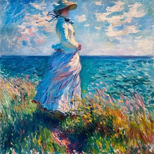 Jonge vrouw in jurk in de natuur, staand op het strand, Monet-stijl