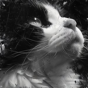 Uitgezoomde zwart-wit minimalistische schets van een kattengezicht, wanddecoratie prints door F. Abderrahim