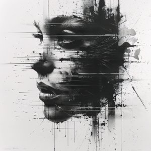 Uitgezoomd portret van een zwart-witte minimalistische schets van het vrouwengezicht door F. Abderrahim