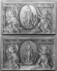 Paar bovendeuren met Diana of een nimf in een ovaal medaillon ondersteund door amorini, 1770-90 door 18th century . French Painter