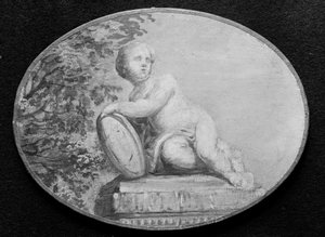 Putto op een voetstuk tegen een achtergrond van groen