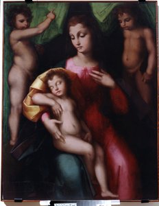 De maagd die het slapende Christuskind aanbidt met twee engelen door A. Piccinelli