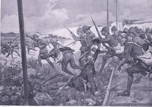 Aanval van de Schotse fuseliers bij Frederikstad, illustratie uit Na Pretoria: De Guerrillaoorlog, 1902 door A. C. Ball