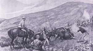 Transportproblemen bij Barberton: Hoe de kanonnen en wagens de bergen op werden gebracht, illustratie uit Na Pretoria: De Guerrillaoorlog, 1902