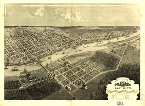 Vogelvlucht van Bay City, Portsmouth, Wenona  Salzburg, Bay Co, Michigan 1867. LOC 73693424 door A.; Chicago Lithographing Co. Ruger