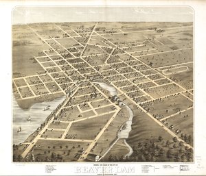 Gezicht in vogelvlucht op de stad Beaver Dam, Dodge Co, Wisconsin 1867. LOC 73694535 door A.; Chicago Lithographing Co. Ruger