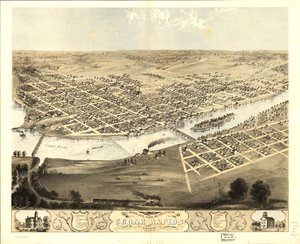 Vogelvlucht van de stad Cedar Rapids en Kingston, Linn Co, Iowa 1868. LOC 73693391 door A.; Chicago Lithographing Co. Ruger