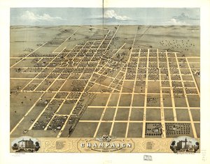 Gezicht in vogelvlucht op de stad Champaign, Champaign County, Illinois 1869. LOC 73693348 door A.; Chicago Lithographing Co. Ruger