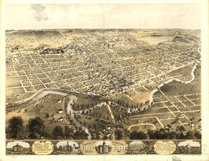 Gezicht in vogelvlucht op de stad Fort Wayne, Indiana 1868. LOC 73693381 door A.; Chicago Lithographing Co. Ruger
