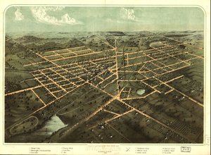 Vogelvluchtperspectief van de stad Hillsdale, Hillsdale Co., Mich. 1866. LOC 73693429 door A.; Chicago Lithographing Co. Ruger