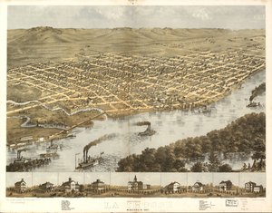 Vogelvlucht van de stad La Crosse, Wisconsin 1867. LOC 73694545 door A.; Chicago Lithographing Co. Ruger