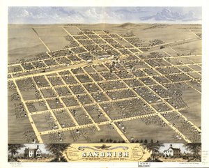 Gezicht in vogelvlucht op de stad Sandwich, De Kalb County, Illinois 1869. LOC 73693372 door A.; Chicago Lithographing Co. Ruger