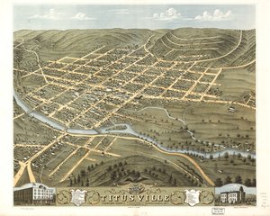 Vogelvluchtperspectief van de stad Titusville, Crawford County, Pennsylvania 1871. LOC 73694524 door A.; Chicago Lithographing Co. Ruger