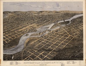 Minneapolis en Saint Anthony, Minnesota 1867. LOC 73693455 door A.; Chicago Lithographing Co. Ruger
