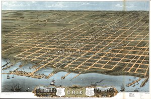 Vogelvlucht van de stad Erie, Erie County, Pennsylvania 1870 door A. Chicago Lithographing Co. Ruger and Stoner Ruger