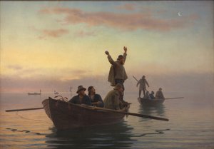 Hornvisvangst met drijfnet. Vroege ochtend door A. Dorph