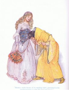 Romeo, onder het voorwendsel van zijn masker, waagde het op de zachtste manier haar hand te nemen en te kussen (Romeo en Julia), uit Tales from Shakespeare uitgegeven door Ward Lock & Co Ltd