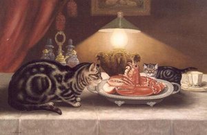 Stilleven van katten en een kreeft