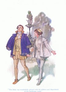 De hertog was buitengewoon tevreden met het adres en de houding van deze knappe jongeling (Twaalfde Nacht), uit Tales from Shakespeare uitgegeven door Ward Lock & Co Ltd door A. Jackson