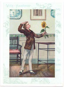 De bloemkijker Victoriaanse Wenskaart van een Estheet die een zonnebloem aanbidt in extase, ca. 1881 door A. Ludovici